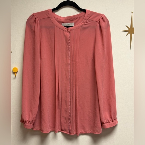 LOFT Pink Pleated Long Sleeve Blouse XS – Lace Trim, Feminine Work Top - Picture 2 of 7